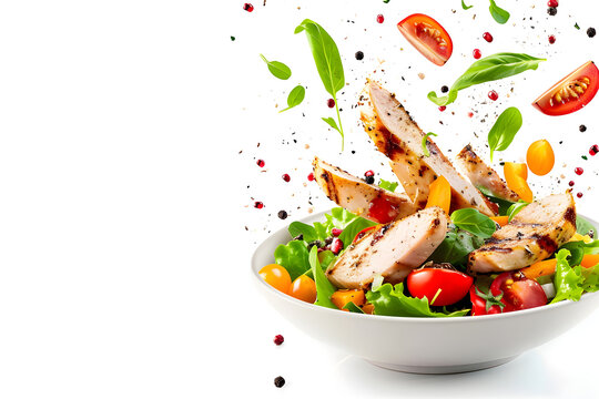 Gesunder Genuss: Frischer Putenstreifensalat und H&uuml;hnchensalat auf buntem Salatteller