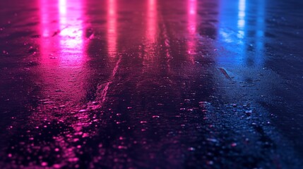 Wet asphalt, night view, neon reflection on the concrete floor. Night empty stage, studio. Dark...