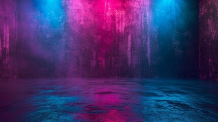 Wet asphalt, night view, neon reflection on the concrete floor. Night empty stage, studio. Dark abstract background. Product Showcase Spotlight Background