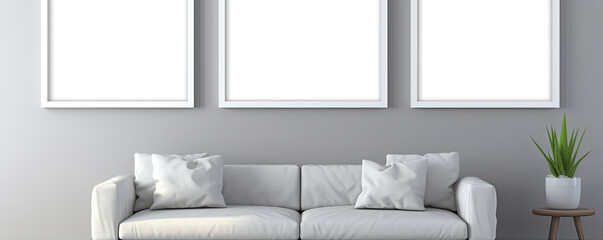 Fototapeta na wymiar Grey white bedroom interior with blank image frames above bed. interiors concept.