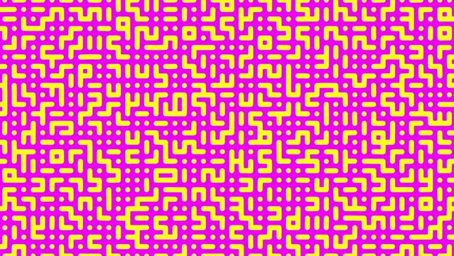Circuit board image 4K loop background with moving pink and yellow right angle lines.