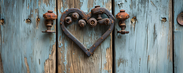 A collection of antique doorknobs forming an abstract heart shape on a rustic wooden door, symbolizing opportunities for love.