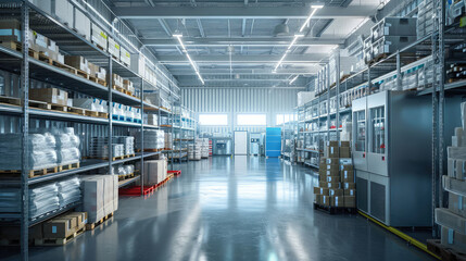 Modern Low Temperature Controlled Warehouse Interior for Sensitive Goods Storage  - obrazy, fototapety, plakaty