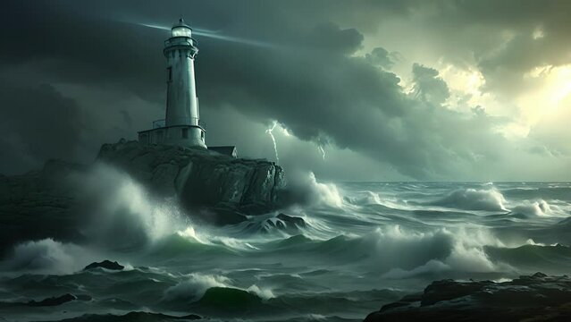 The lighthouse stood tall and defiant against the raging sea, its ghostly appearance adding an element of fantasy to the turbulent coastal storm. Fantasy animation