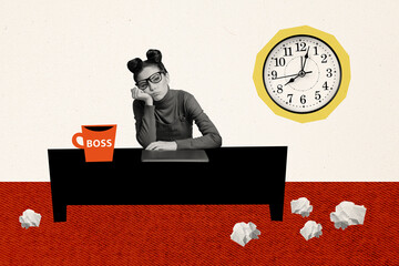 Creative collage picture young girl sitting tired bored overworked sad computer laptop table...
