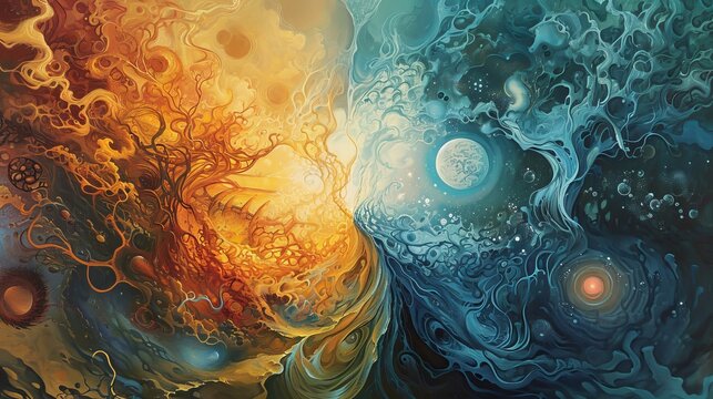 Mystical Veil Separation Illustration: A Vibrant Contrast of Warm and Cool Tones Depicting Two Parallel Universes with Ethereal Textures and Celestial Bodies
