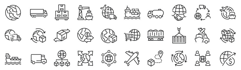 Set of 30 outline icons related to international trading. Linear icon collection. Editable stroke. Vector illustration - obrazy, fototapety, plakaty