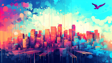 Artistic painting of Cityscape, Abstract style, Panorama of skyscrapers 
