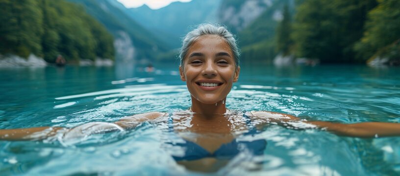 July's Hottest Swimwear: A Woman in a Bikini Smiling in the Ocean Generative AI