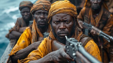 African pirates getting ready for action: close-up of black criminals with firearms