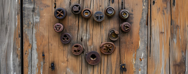 A collection of antique doorknobs forming an abstract heart shape on a rustic wooden door, symbolizing opportunities for love.