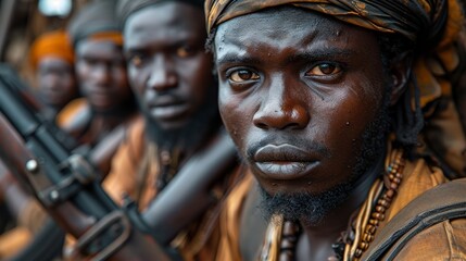 Intense scene: african pirates with pistols and machine guns preparing for ship attack