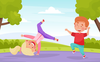 Obraz na płótnie Canvas Funny Jumping Boy and Girl Character Having Fun Vector Illustration