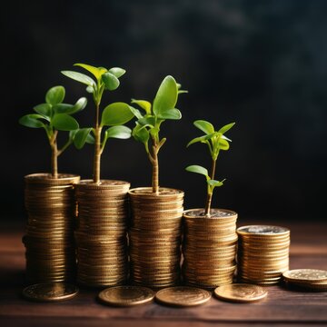 Investment growth, stack of coin with plants showing business growth, photo with copy space for text