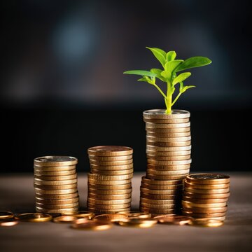 Investment growth, stack of coin with plants showing business growth, photo with copy space for text