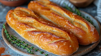 baguette freshly baked on a plate well decorated prodcut photo 