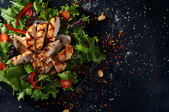 Gesunder Genuss: Frischer Putenstreifensalat und H&uuml;hnchensalat auf buntem Salatteller