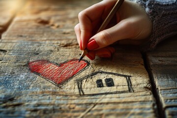 Woman's hand draws a house with red heart. Home sweet home concept. Dream housing. homesickness - obrazy, fototapety, plakaty