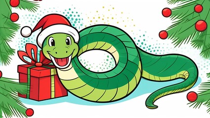 a postcard with a smiling green tree snake in a red Christmas hat near a gift box under a decorated Christmas tree. The symbol of 2025