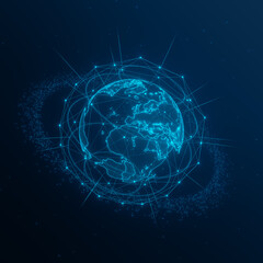 Data technology for global connections, business analytics, financial data, communications, data science and AI. Telecommunication satellites orbiting around Earth. Space innovation. Illustration.