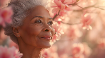 Concept a celebration of general health, portrait profile stylish elegant senior african american happy woman, among pink magnolia flowers