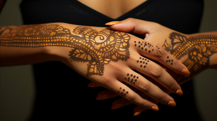 Womans Hands With Beautiful Henna Mehndi Tattoos - Intricate Designs and Gold Accents. Advertising of a tattoo parlor.