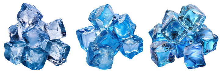 Pure Blue Ice Cube Set Isolated on Transparent or White Background, PNG