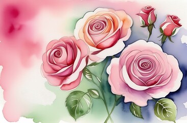 A beautiful bouquet of pink roses on a blurred watercolor background, the concept of a postcard for International Women's Day, March 8, Valentine's Day, Easter, Mother's Day