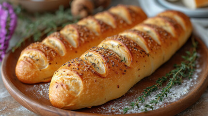 baguette freshly baked on a plate well decorated prodcut photo 
