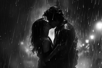 Embrace in the Rain: A Monochromatic Portrait of Intimacy. Couple Kissing in the Rain. Street Lights Seen in Blurry Background