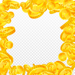 Indian rupee coins falling. Scattered gold INR