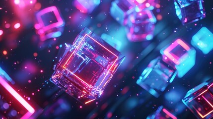 neon glowing digital cyber cube background - obrazy, fototapety, plakaty