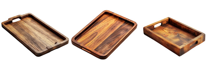 Sleek Wooden Serving Tray Set Isolated on Transparent or White Background, PNG