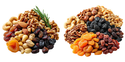 Dried Fruits and Nuts Set Isolated on Transparent or White Background, PNG - obrazy, fototapety, plakaty