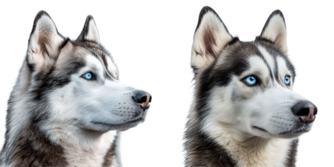 Siberian Huskies with Blue Eyes Set Isolated on Transparent or White Background, PNG