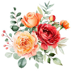 Watercolor floral illustration. Orange flowers eucalyptus greenery bouquet. Red roses, peach peony border, wreath, frame. Perfect for wedding invitation, stationary, greetings, fashion design