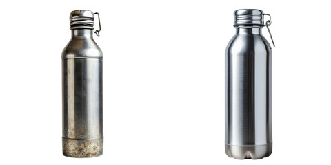 Empty Metal Water Bottles Set Isolated on Transparent or White Background, PNG