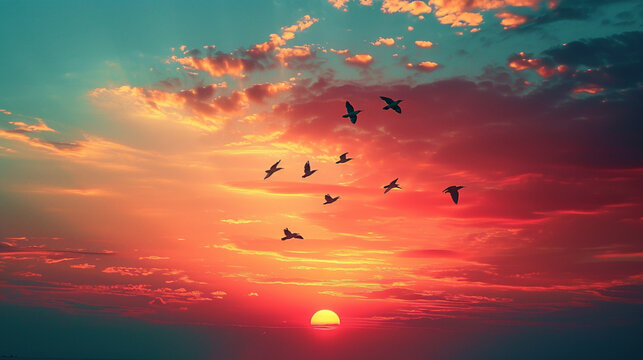 Fototapeta Birds in flight against a colorful sunset sky, dynamic, vibrant, silhouetted, captivating, sunset. Mirrorless, telephoto lens, dusk, dynamic
