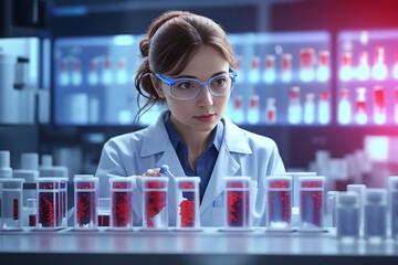 scientist holding medical testing tubes or vials of medical pharmaceutical research with blood cells and virus cures using DNA genome sequencing biotechnology as wide banner hologram design.