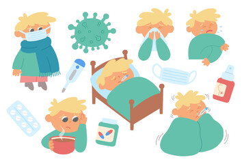 A boy character with sick symptoms, having cold, flu, allergy, fever, coughing, sneezing