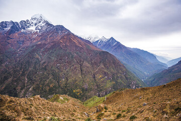 View of the Himalayan mountains between Namche Bazar and Kumjung villages. Nepal