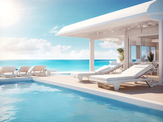 Fototapeta premium Sea view.A luxury modern white beach hotel with a swimming pool. Sunbed on sundeck for a vacation home or hotel designs.
