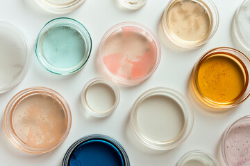 Petri dishes with different media on a white background. Selective focus. - obrazy, fototapety, plakaty