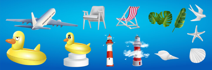 Rubber duck lifebuoy for swimming in the pool. Summer 3d realistic render vector icon set. Inflatable ball, airplane, sunglasses, starfish, suitcase, flamingo, palm trees, ice cream
