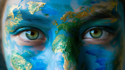 Face with Earth map make up. Ecology concept. 