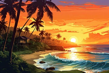 sunset on tropical beach landscape illustration