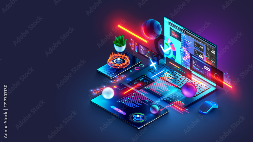 Fototapete Software development, web design, programming concept. Abstract software develop programming api interface, program code, elements interface website on laptop, tablet, phone. Software development