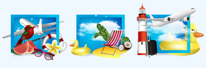 Fototapeta na wymiar Travel and relax concept design. Vacation illustration with suitcase, airplane and things for traveling. Beach holiday. 3D Realistic vector illustration.