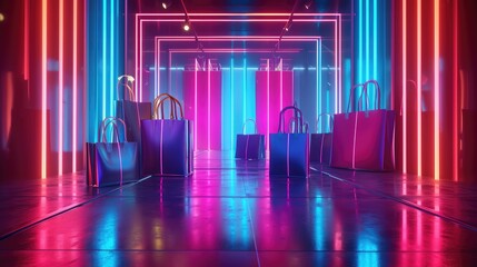3D shopping products and neon lights abstract background