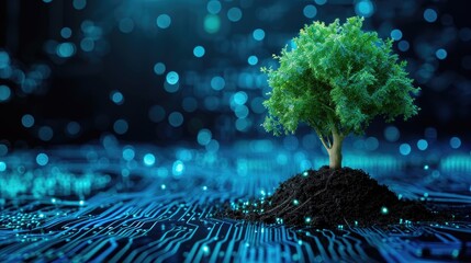 Tree with soil growing on the converging point of computer circuit board - obrazy, fototapety, plakaty